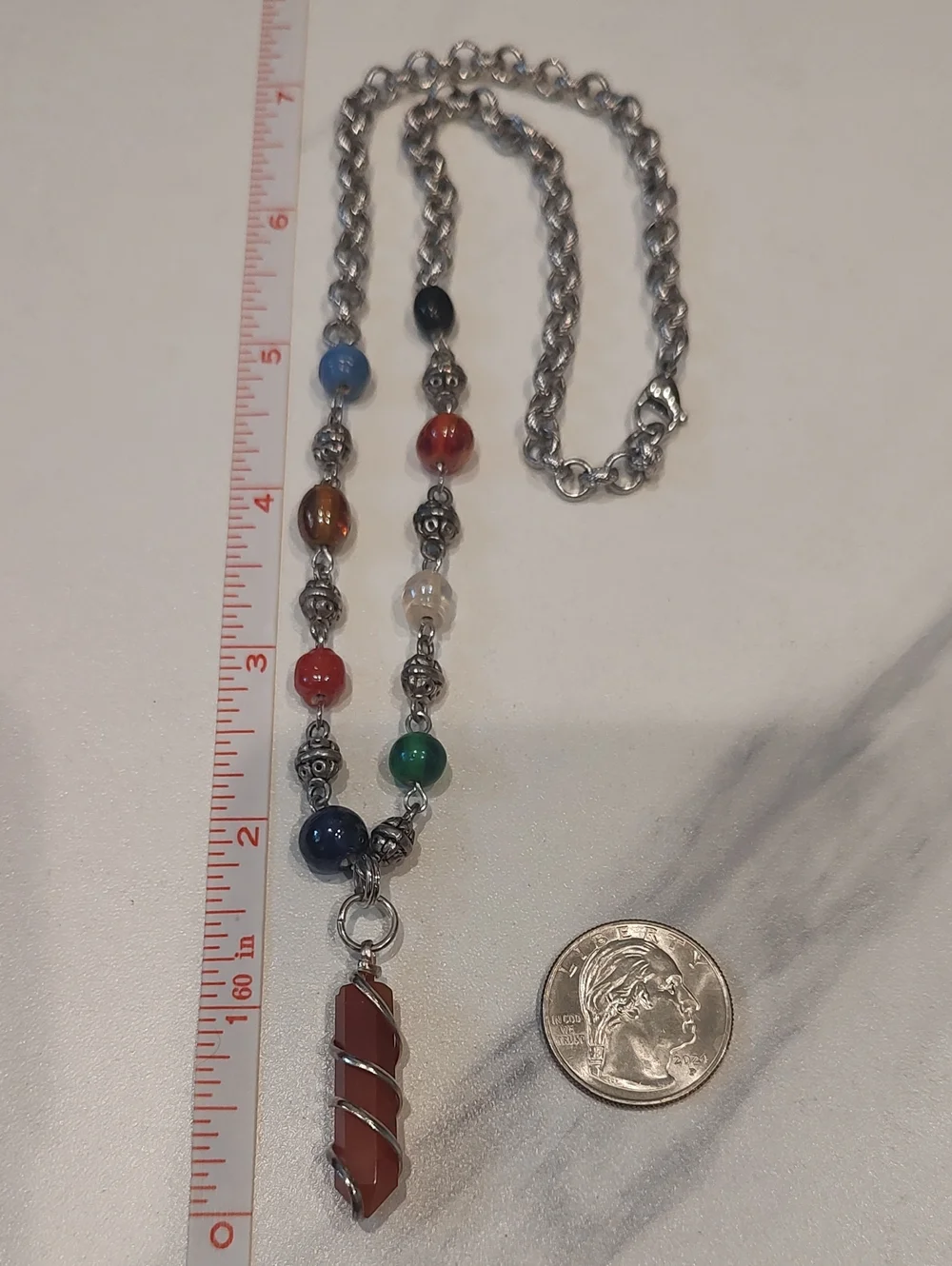 Carnelian Pendant And Beaded Chain/Rolo Link Chain 19